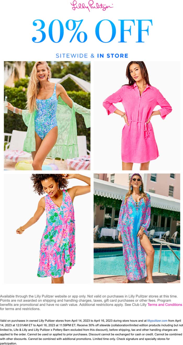 Lilly Pulitzer stores Coupon  30% off everything at Lilly Pulitzer, ditto online #lillypulitzer 