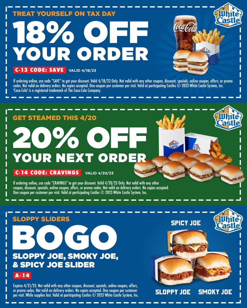 White Castle restaurants Coupon  18-20% off & more at White Castle restaurants #whitecastle 