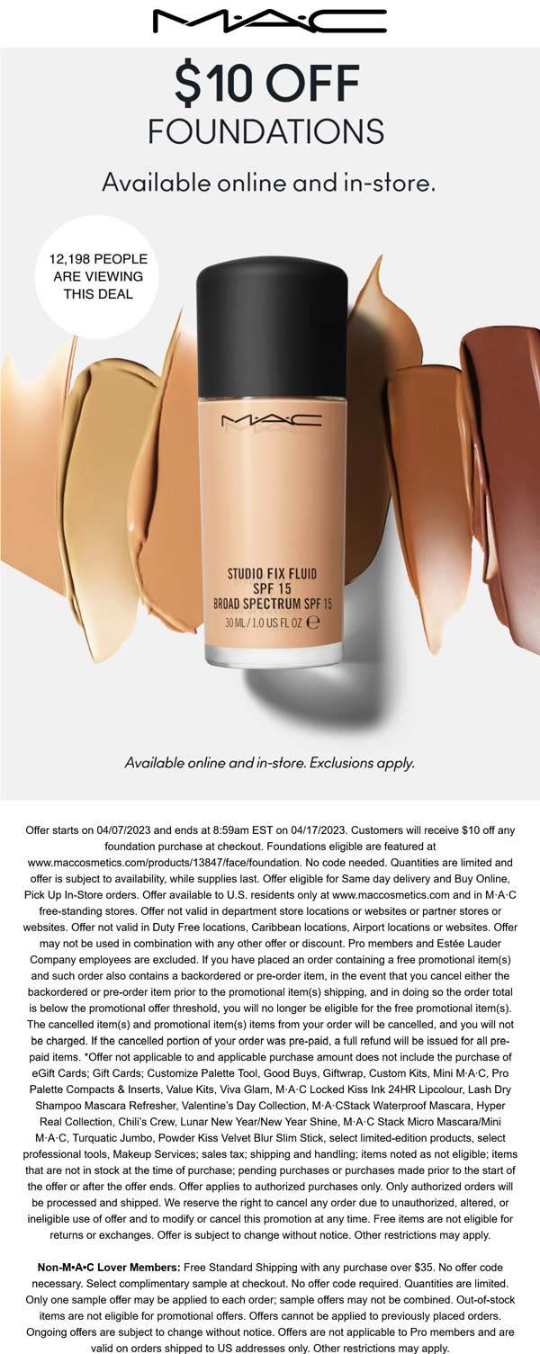 MAC stores Coupon  $10 off foundations today at MAC Cosmetics #mac 