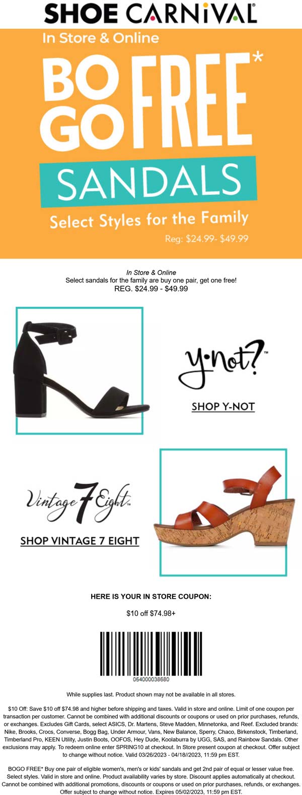 Shoe Carnival stores Coupon  $10 off $75 + second sandals free at Shoe Carnival, or online via promo code SPRING10 #shoecarnival 