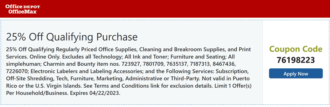 Office Depot stores Coupon  25% off at Office Depot OfficeMax via promo code 76198223 #officedepot 