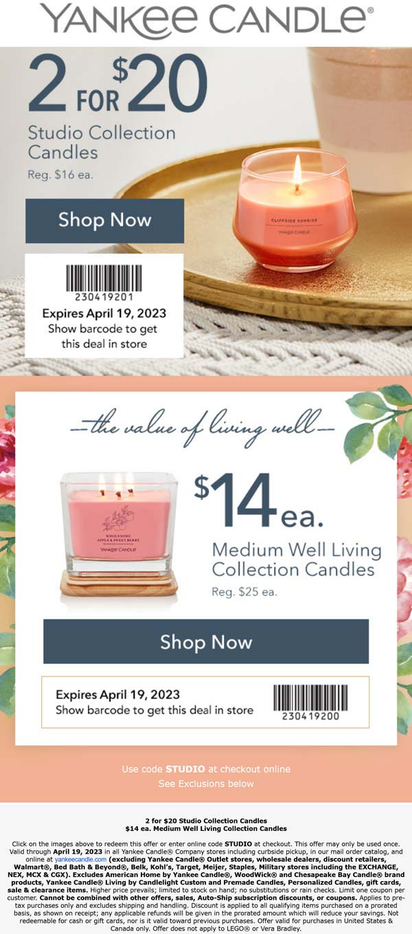 Yankee Candle stores Coupon  2 for $20 on studio candles at Yankee Candle, or online via promo code STUDIO #yankeecandle 
