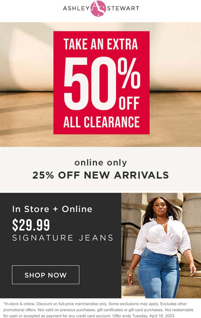 Ashley Stewart stores Coupon  Extra 50% off clearance & more today at Ashley Stewart #ashleystewart 