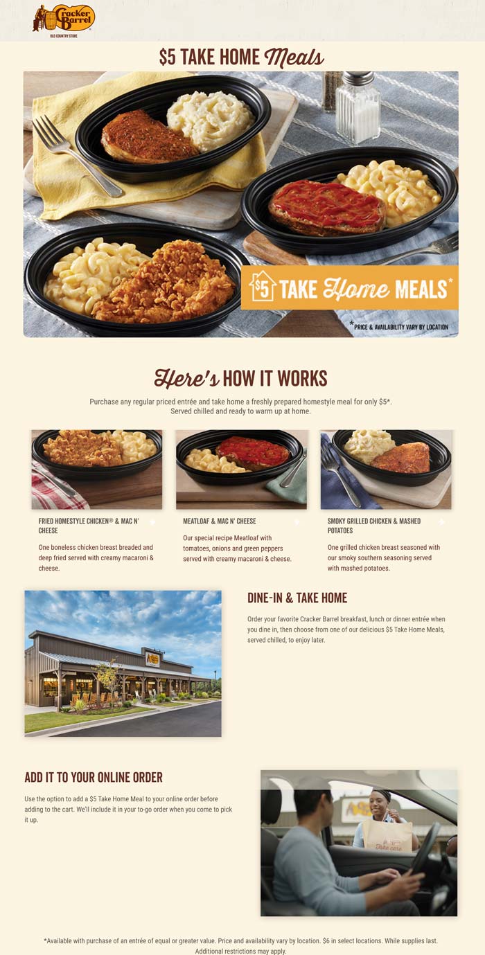 5 take home meals at Cracker Barrel Old Country Store restaurants 