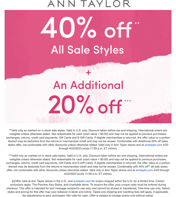 Ann Taylor stores Coupon  40-60% off at Ann Taylor, ditto online #anntaylor 