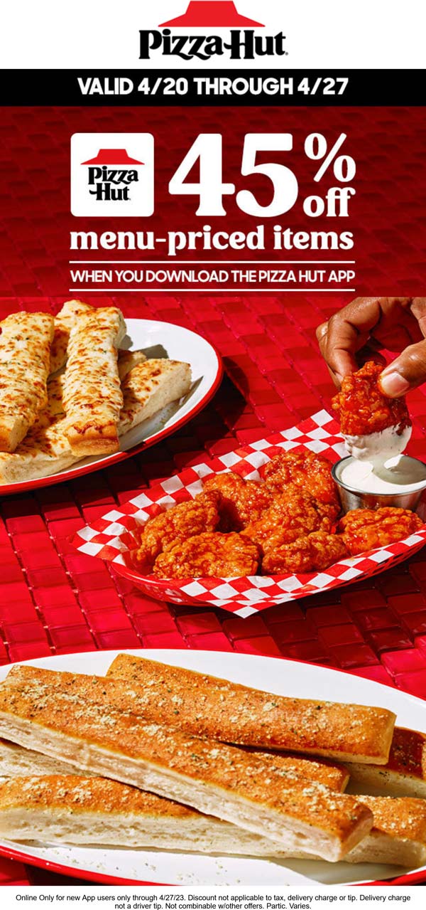 Pizza Hut restaurants Coupon  45% off mobile orders at Pizza Hut restaurants #pizzahut 