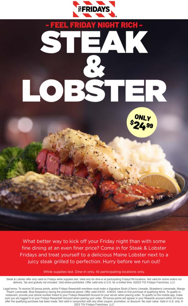 TGI Fridays restaurants Coupon  Steak + lobster = $25 Fridays at TGI Fridays #tgifridays 