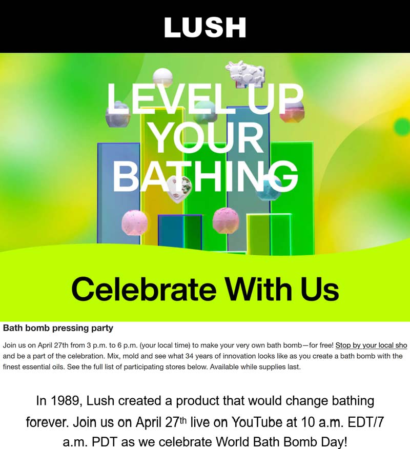Lush stores Coupon  Free bath bomb build Thursday at Lush cosmetics #lush 