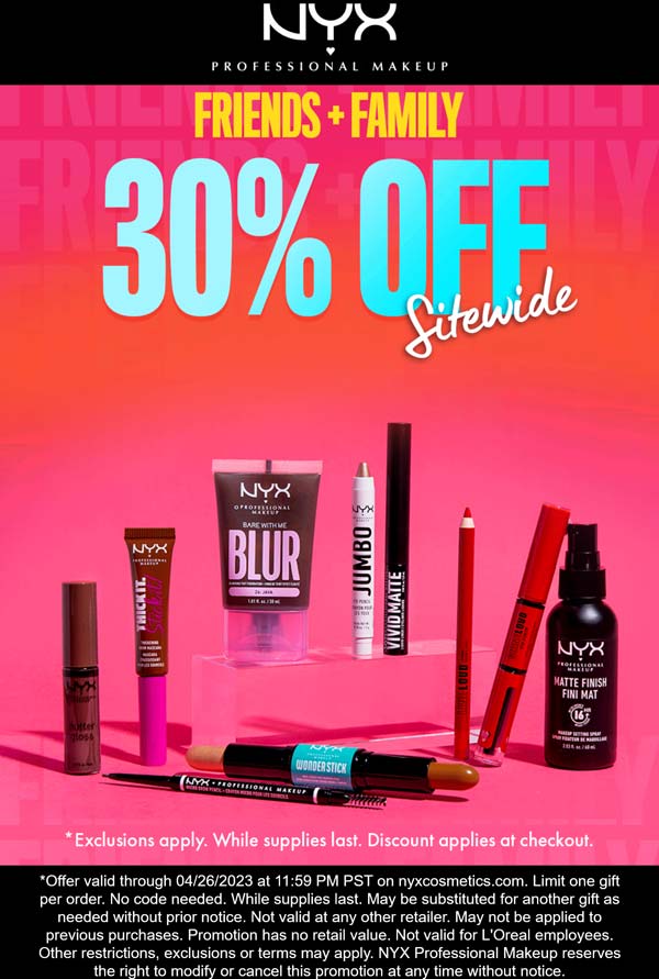 NYX Cosmetics stores Coupon  30% off everything online at NYX Cosmetics #nyxcosmetics 
