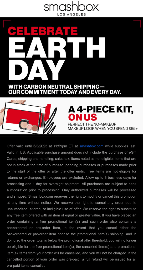 Smashbox stores Coupon  Free 4pc set on $65+ at Smashbox cosmetics #smashbox 