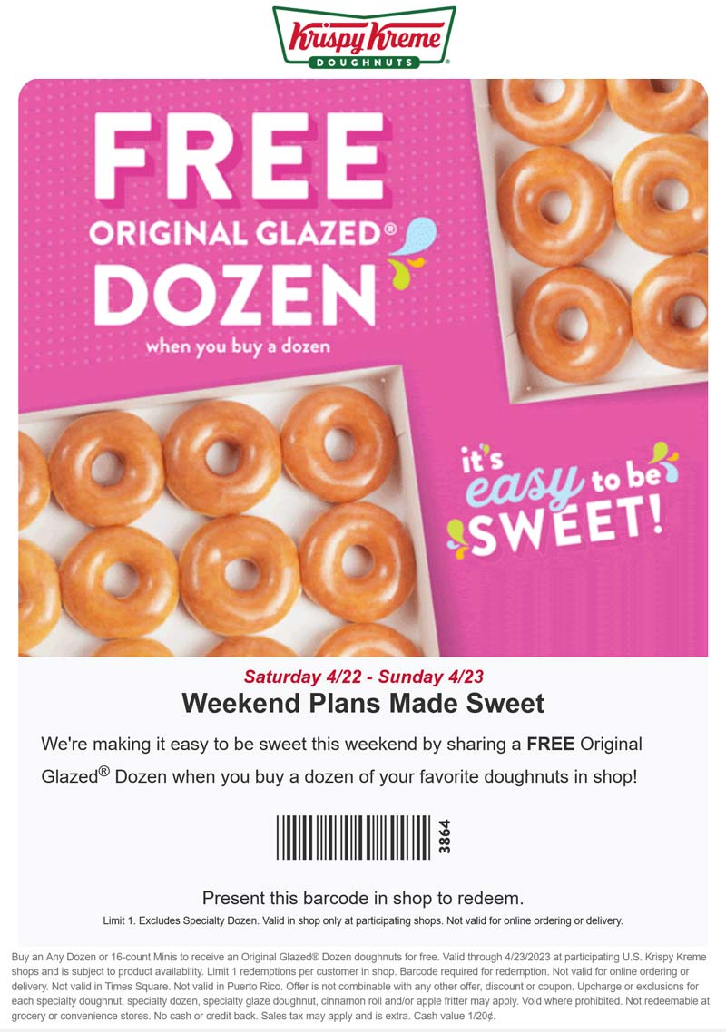 Krispy Kreme restaurants Coupon  Second dozen doughnuts free today at Krispy Kreme #krispykreme 
