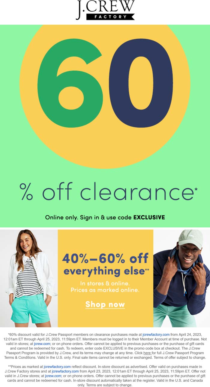 J.Crew Factory stores Coupon  40-60% off everything at J.Crew Factory, ditto online #jcrewfactory 