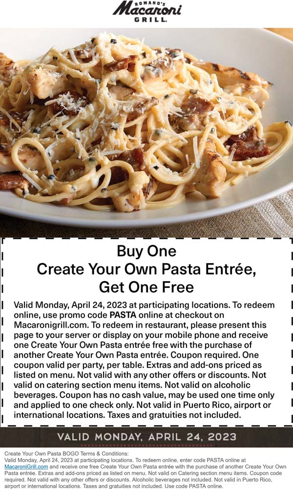 Macaroni Grill restaurants Coupon  Second pasta meal free today at Macaroni Grill, or online via promo code PASTA #macaronigrill 