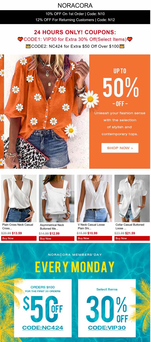 Noracora stores Coupon  $50 off $100 & more today at Noracora via promo code NC424 #noracora 