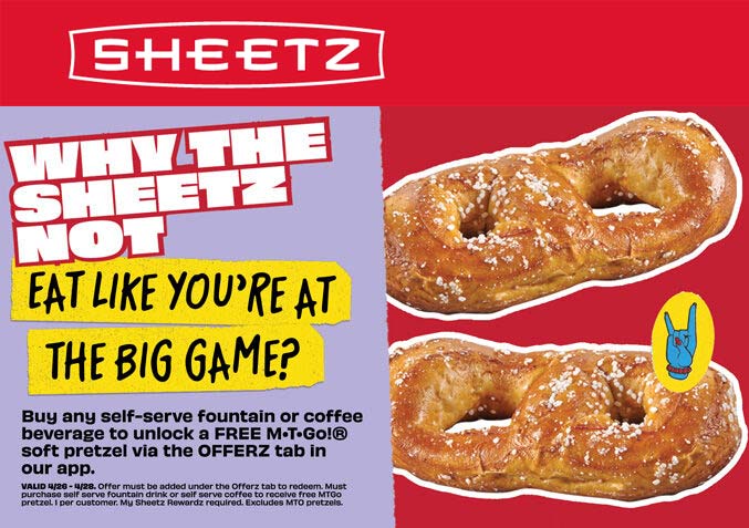 Sheetz restaurants Coupon  Free soft pretzel with your drink today at Sheetz gas stations #sheetz 