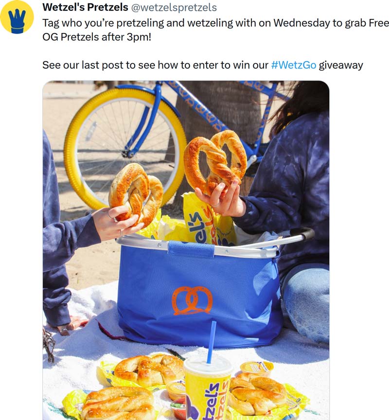 Wetzels Pretzels stores Coupon  Free pretzel after 3p today at Wetzels Pretzels #wetzelspretzels 