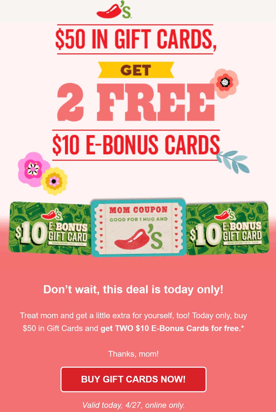 Chilis stores Coupon  $20 in cards free with $50 bought today at Chilis #chilis 