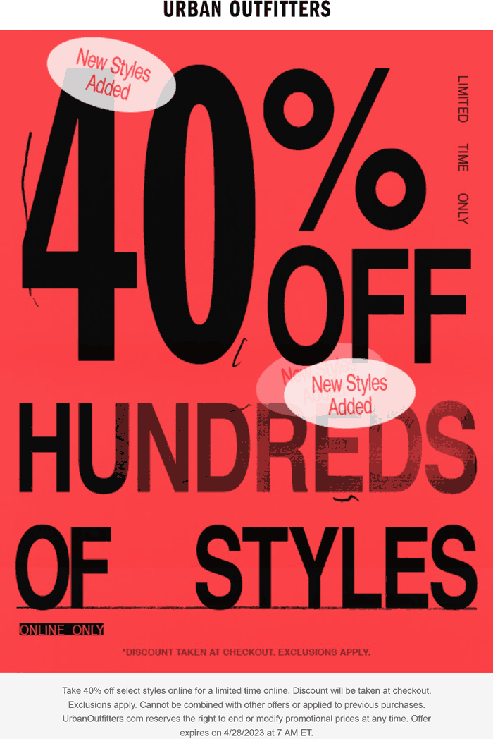 Urban Outfitters stores Coupon  40% off today online at Urban Outfitters #urbanoutfitters 