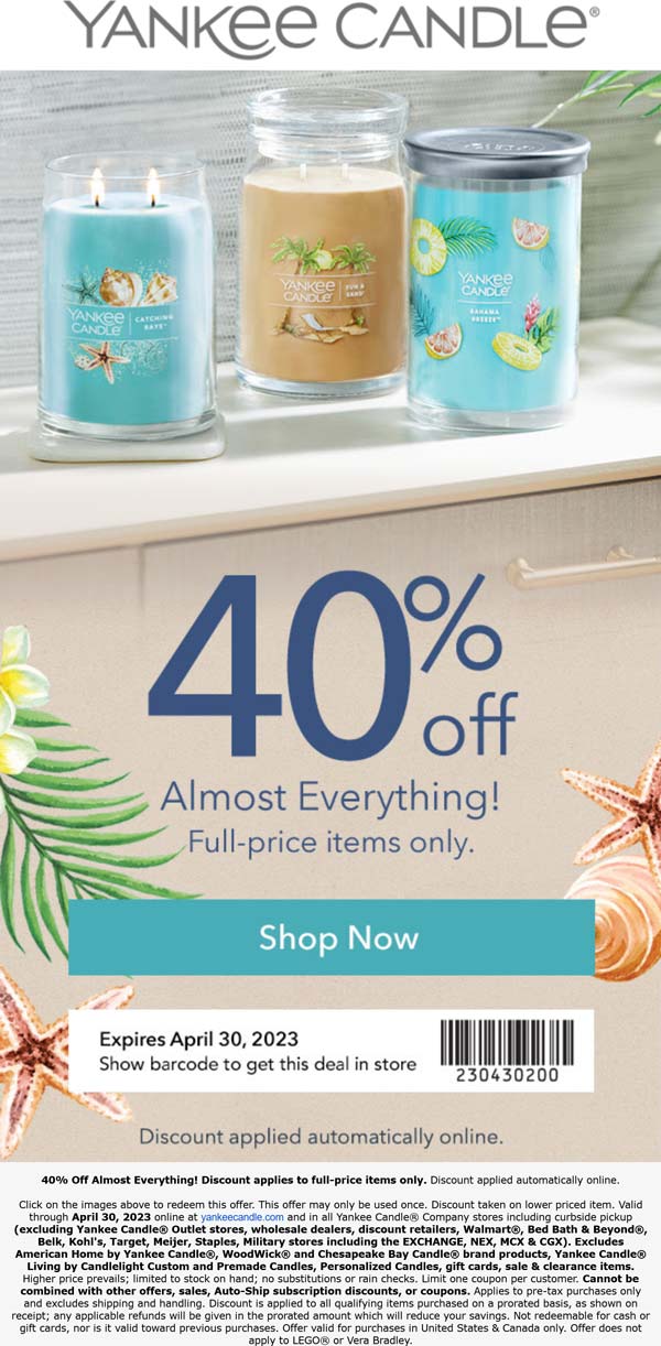 Yankee Candle stores Coupon  40% off everything at Yankee Candle, ditto online #yankeecandle 