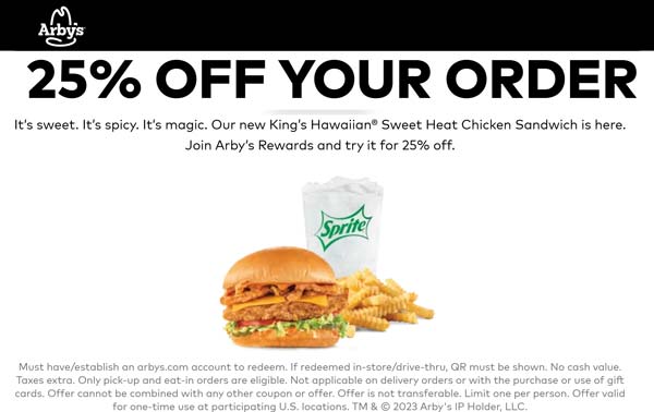 Arbys restaurants Coupon  25% off sweet heat chicken sandwich logged in at Arbys #arbys 