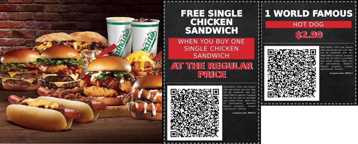 Nathans Famous restaurants Coupon  Second chicken sandwich free & more at Nathans Famous #nathansfamous 