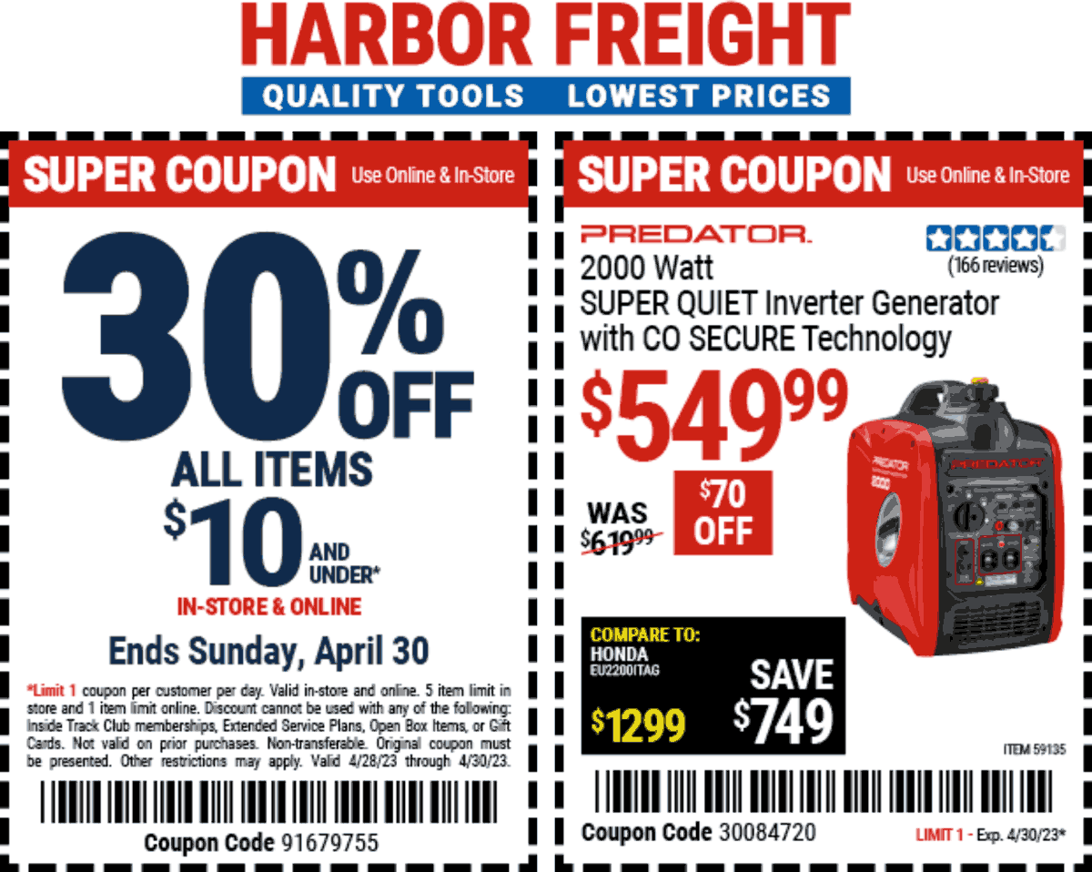 Harbor Freight stores Coupon  30% off all items under $10 today at Harbor Freight Tools, or online via promo code 91679755 #harborfreight 