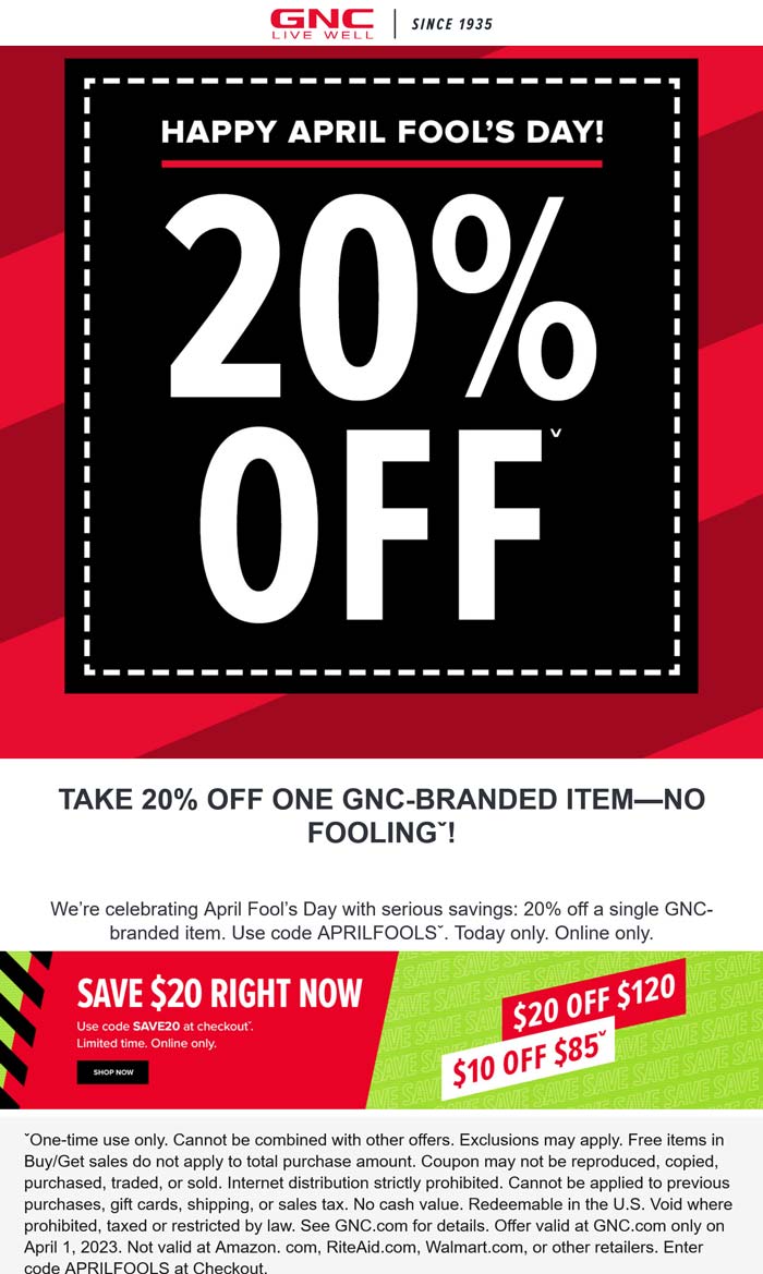 GNC stores Coupon  20% off a single item & more online today at GNC via promo code APRILFOOLS #gnc 