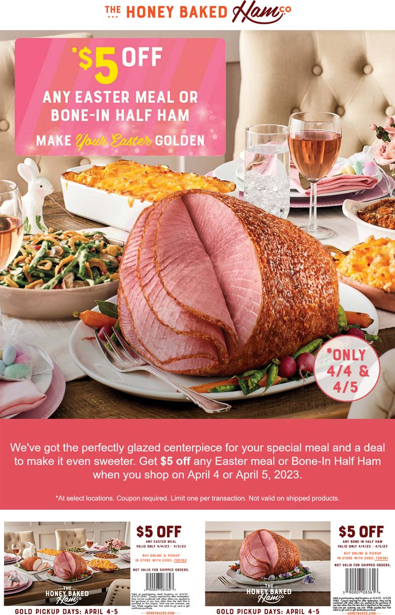 Honey Baked Ham restaurants Coupon  $5 off any Easter meal or half at Honey Baked Ham restaurants #honeybakedham 