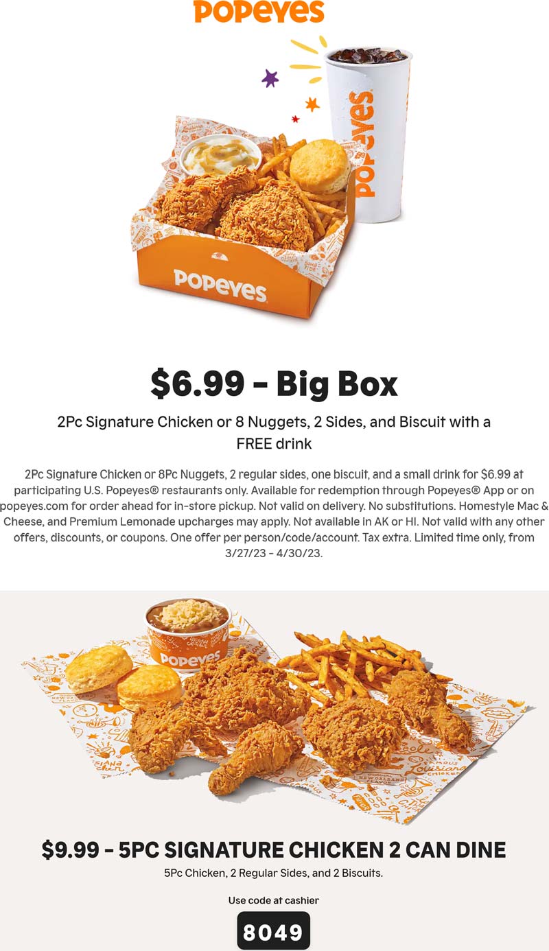 Popeyes restaurants Coupon  2pc chicken or 8 nuggets + 2 sides + biscuit + drink = $7 at Popeyes #popeyes 