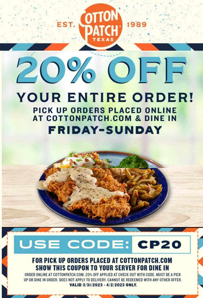 Cotton Patch Cafe restaurants Coupon  20% off today at Cotton Patch Cafe restaurants #cottonpatchcafe 