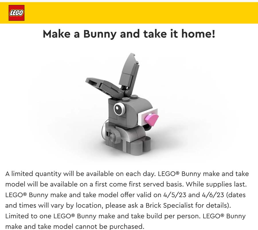 LEGO stores Coupon  Free bunny make & take the 5-6th at LEGO Store #lego 