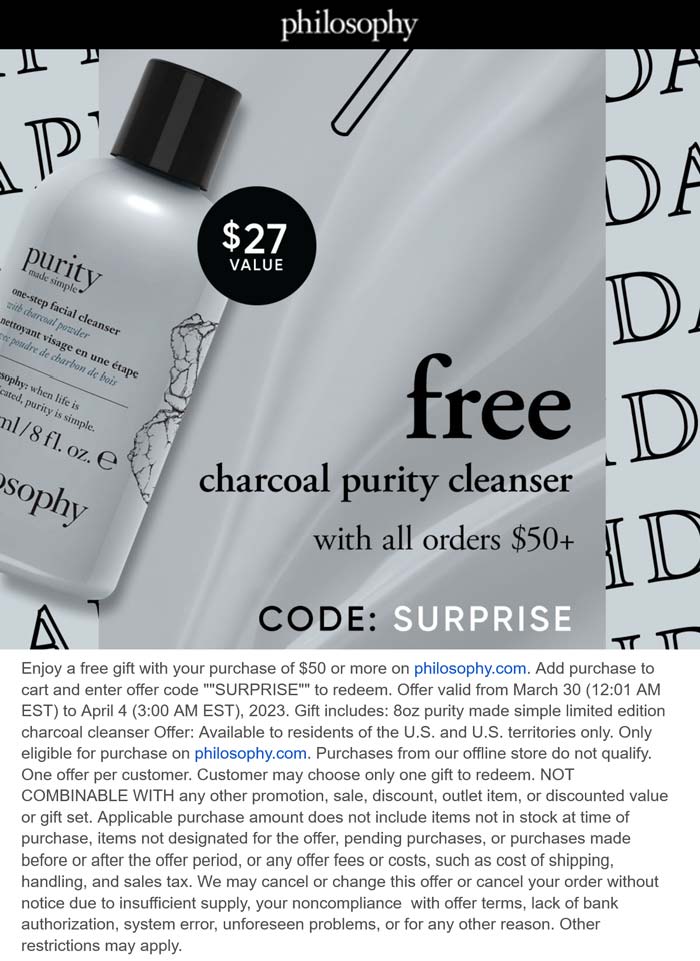 Philosophy stores Coupon  Free $27 full size on $50 spent at Philosophy via promo code SURPRISE #philosophy 