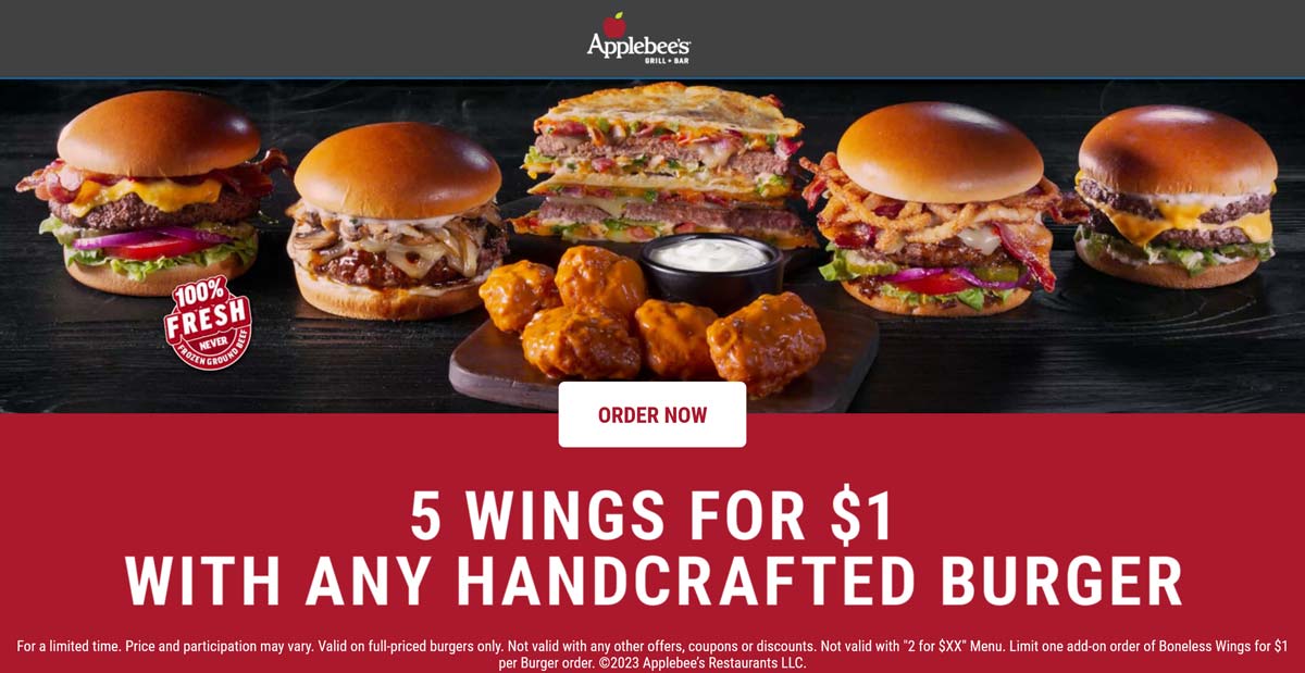 Applebees restaurants Coupon  5 chicken wings for $1 with your burger at Applebees #applebees 