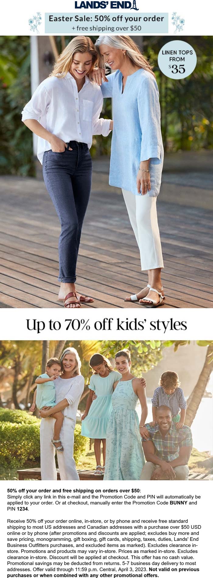 Lands End stores Coupon  50% off today at Lands End via promo code BUNNY and pin 1234 #landsend 