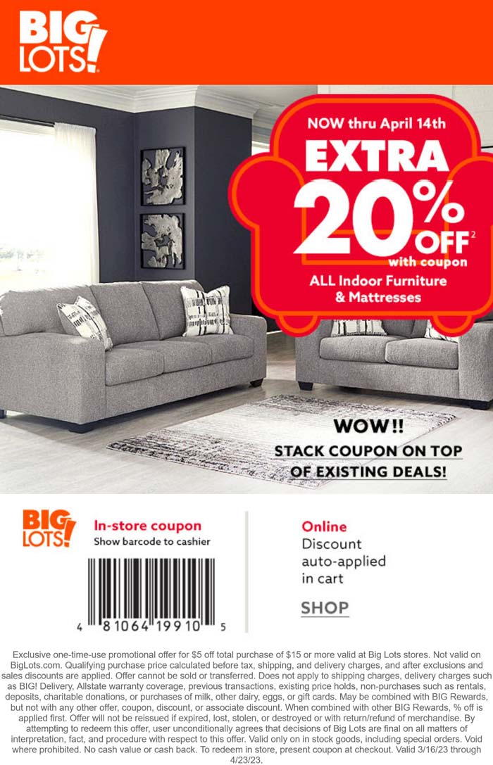 Big Lots stores Coupon  Extra 20% off furniture & mattresses at Big Lots, ditto online #biglots 