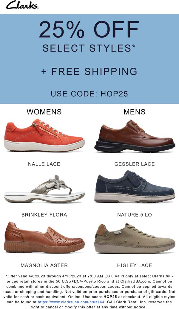 Clarks stores Coupon  25% off shoes at Clarks, or online via promo code HOP25 #clarks 