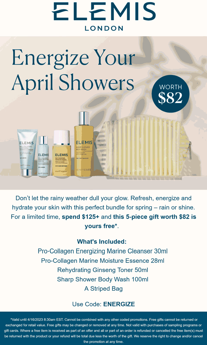 Elemis stores Coupon  Free $82 5pc set on $125 at Elemis via promo code ENERGIZE #elemis 