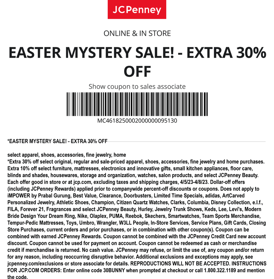 JCPenney stores Coupon  30% off at JCPenney, or online via promo code 30BUNNY #jcpenney 
