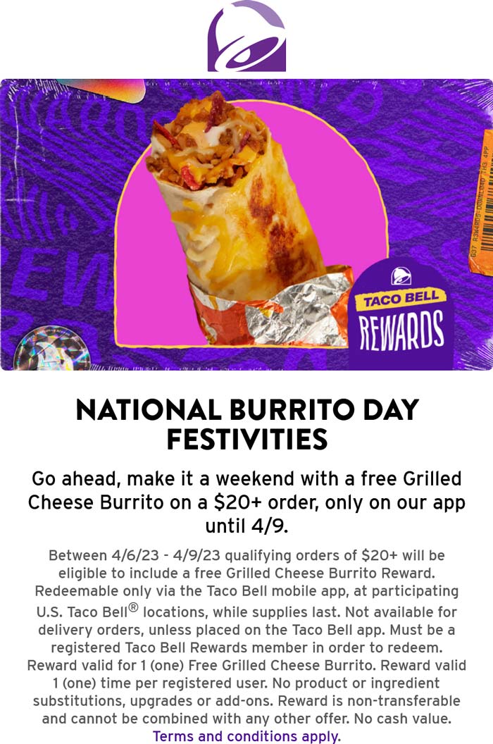 Taco Bell restaurants Coupon  Free grilled cheese burrito on $20 via mobile at Taco Bell #tacobell 