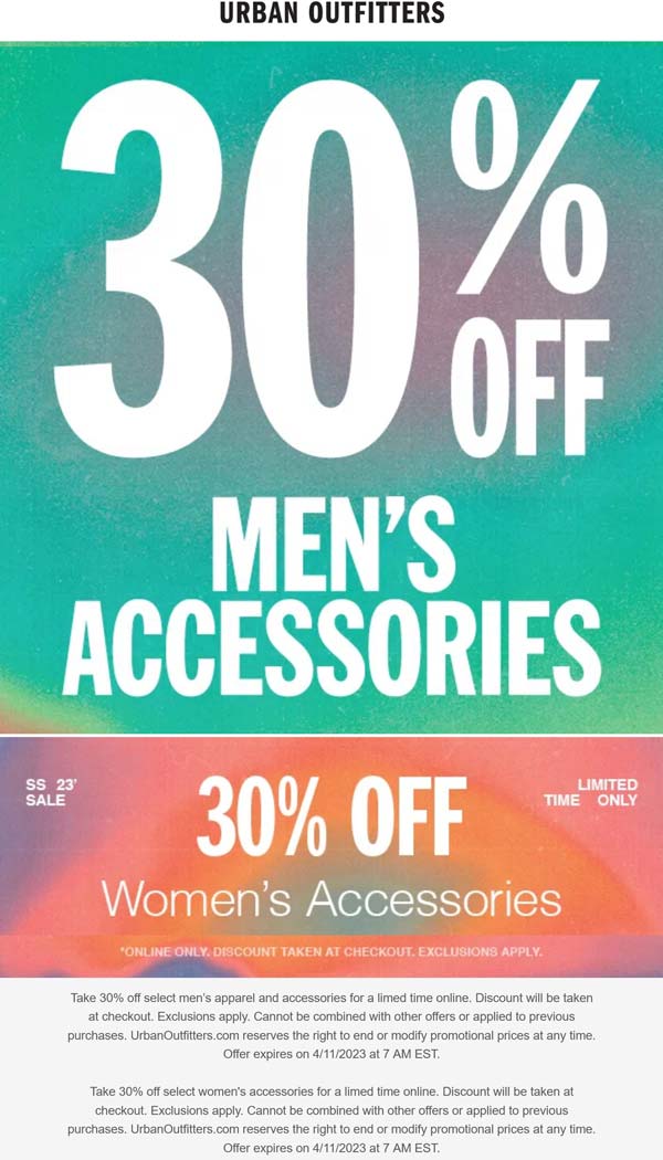 Urban Outfitters stores Coupon  30% off accessories online at Urban Outfitters #urbanoutfitters 