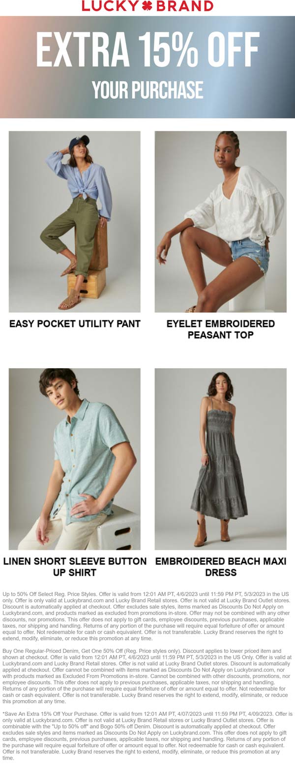 Lucky Brand stores Coupon  Extra 15% off online at Lucky Brand #luckybrand 