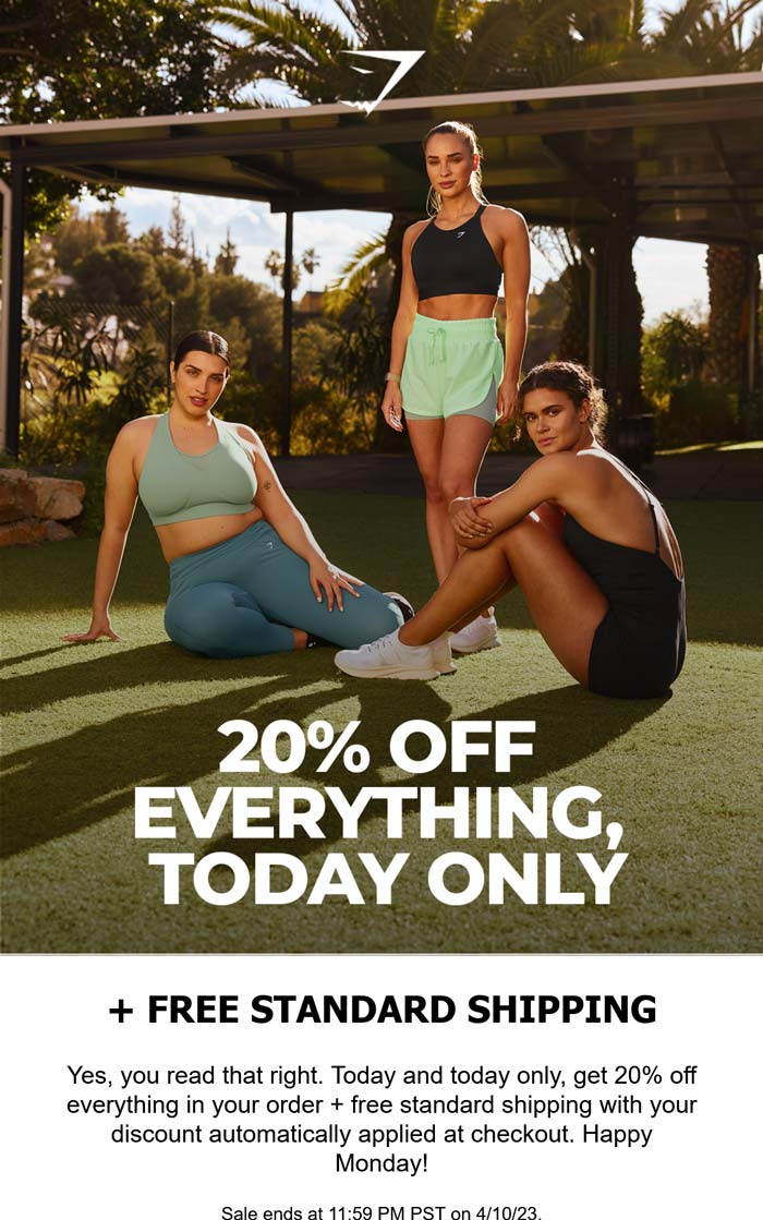 Gymshark stores Coupon  20% off everything today at Gymshark #gymshark 