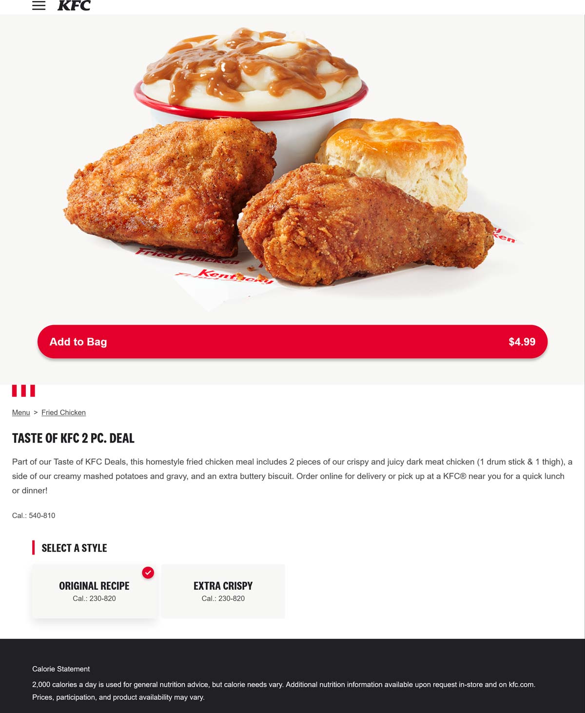 KFC restaurants Coupon  2pc chicken + mashed potatoes + biscuit = $5 Taste of KFC meal deal #kfc 