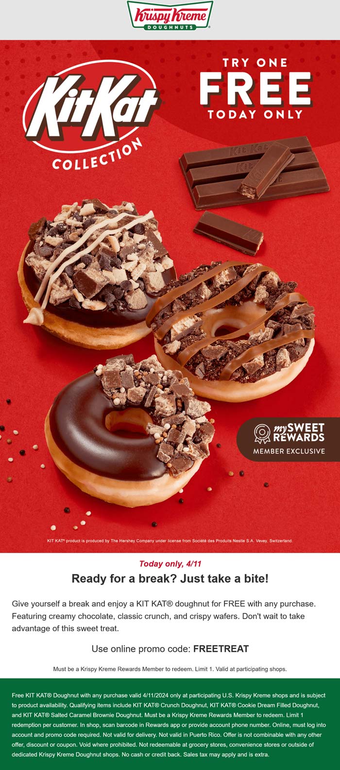 Krispy Kreme restaurants Coupon  Free kit kat doughnut today at Krispy Kreme via promo code FREETREAT #krispykreme 