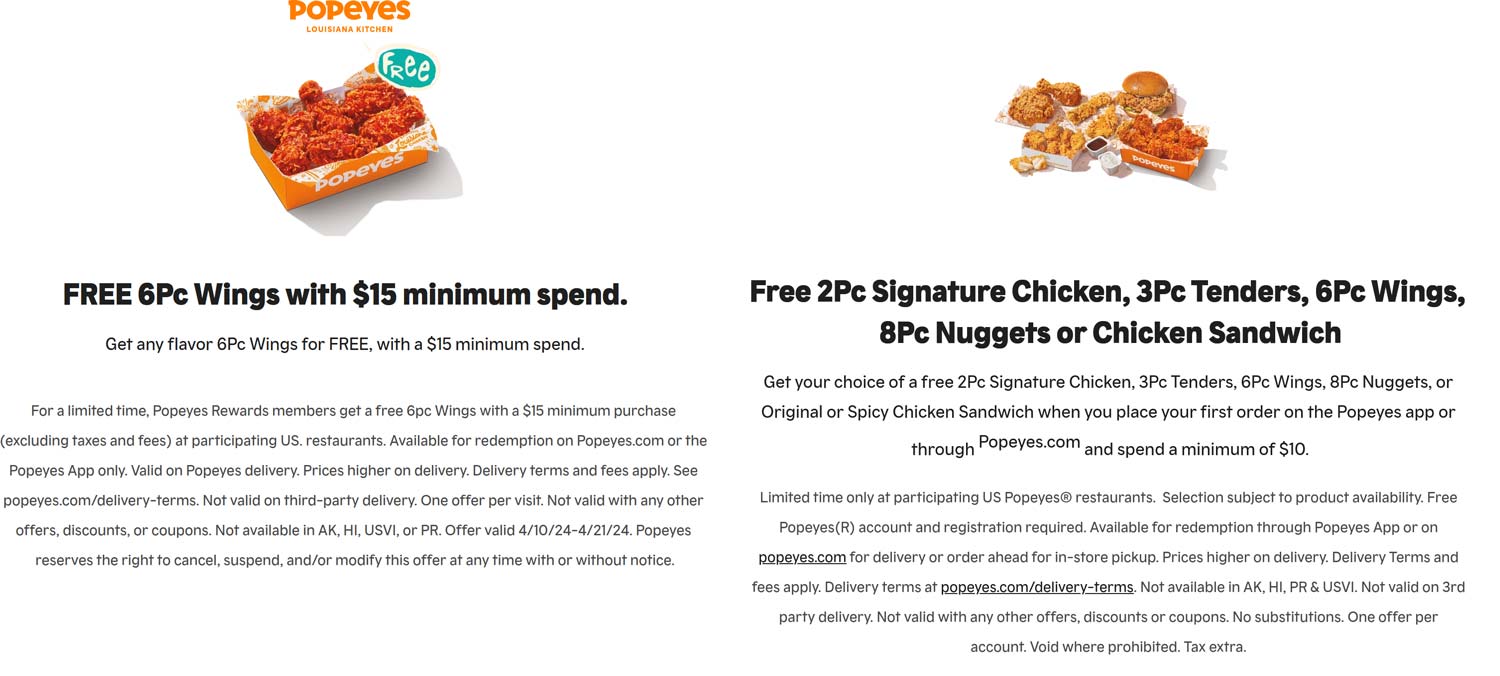 Popeyes restaurants Coupon  Free 6pc chicken wings on $15 online at Popeyes #popeyes 