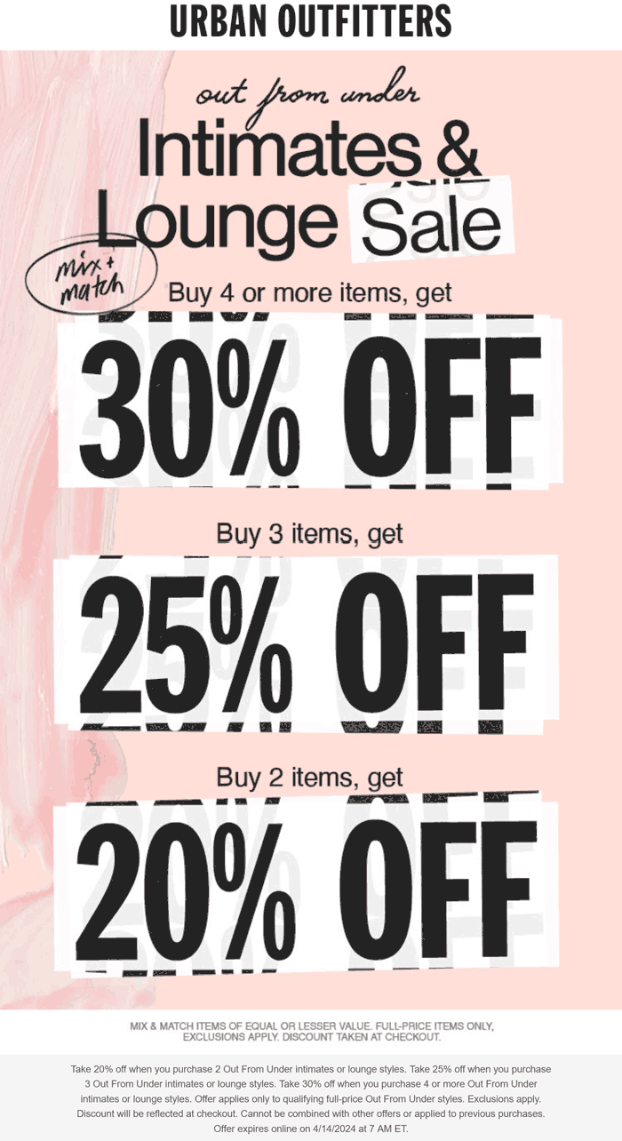 Urban Outfitters stores Coupon  20-30% off 2+ intimate & lounge items at Urban Outfitters #urbanoutfitters 