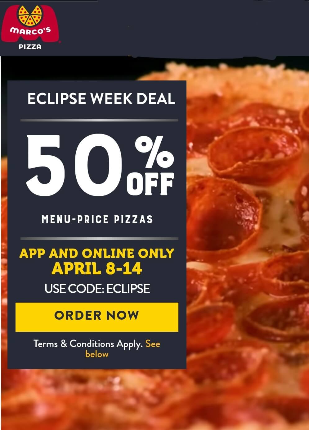 Marcos restaurants Coupon  50% off pizza online at Marcos via promo code ECLIPSE #marcos 