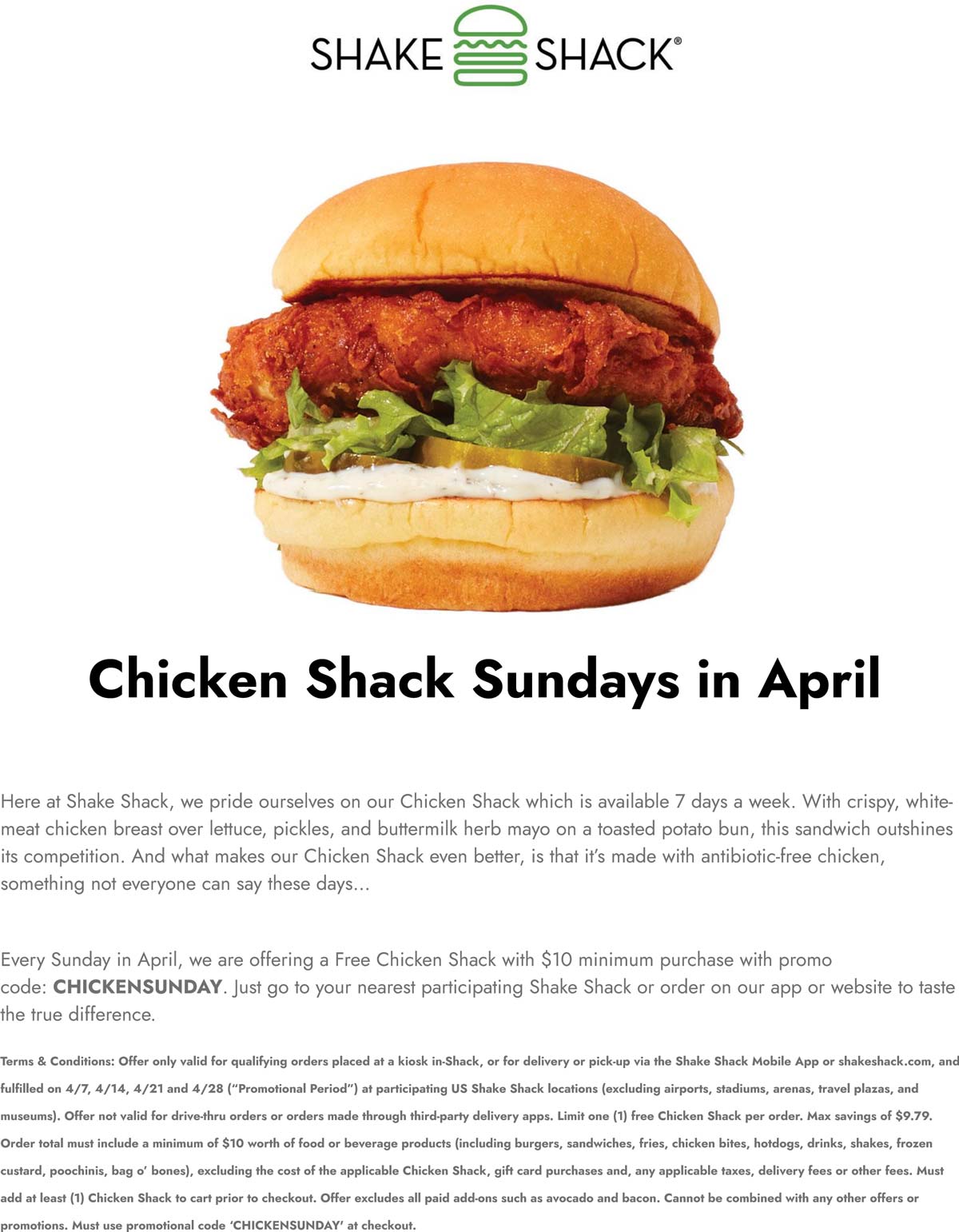 Shake Shack restaurants Coupon  Free chicken shack on $10 Sundays at Shake Shack via promo code CHICKENSUNDAY #shakeshack 
