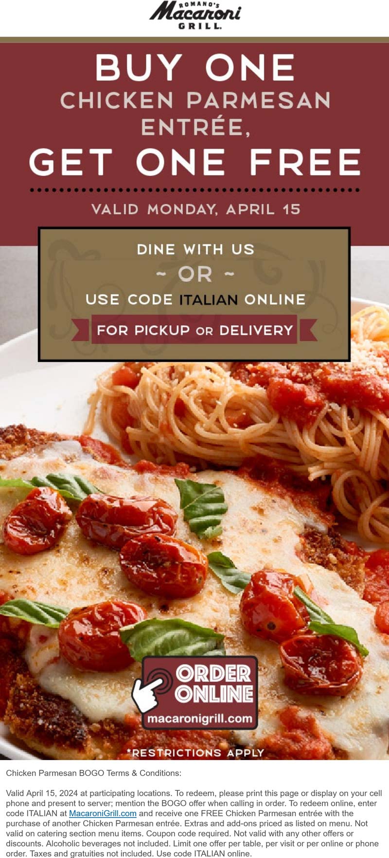 Macaroni Grill restaurants Coupon  Second chicken parmesan entree free today at Macaroni Grill #macaronigrill 