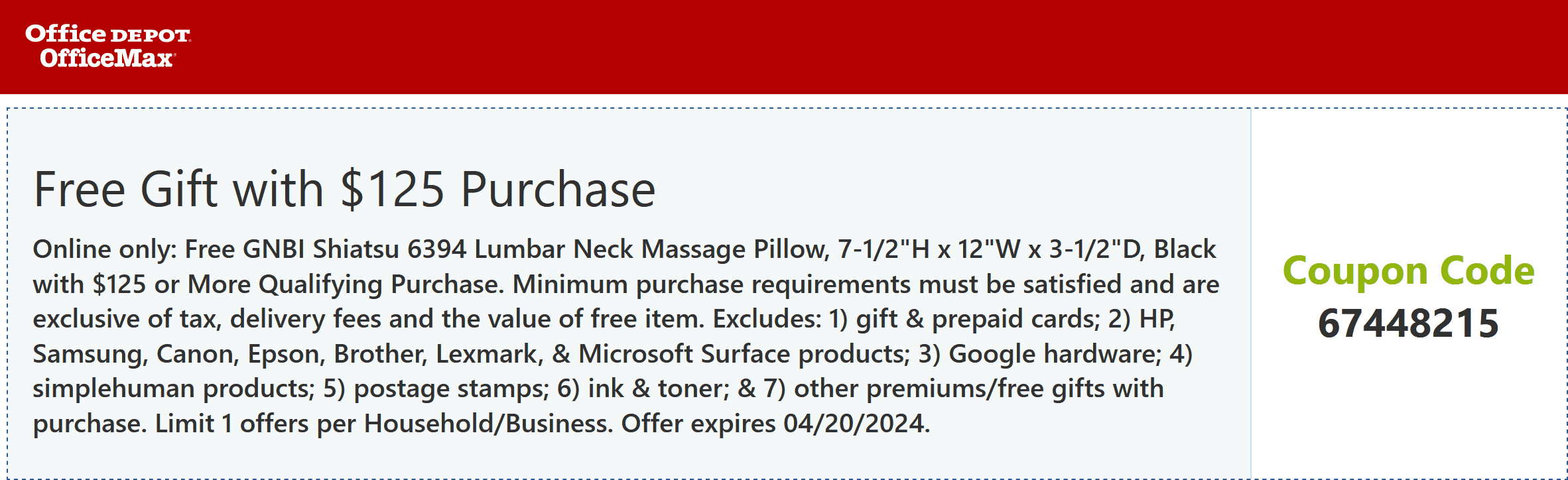 Office Depot stores Coupon  Free shiatsu massage pillow on $125 online at Office Depot OfficeMax via promo code 67448215 #officedepot 